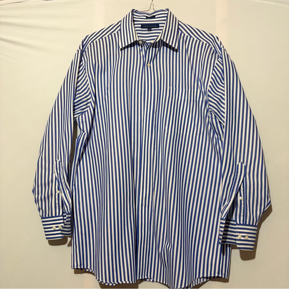 Tommy Hilfiger Blue and White Striped Dress Shirt